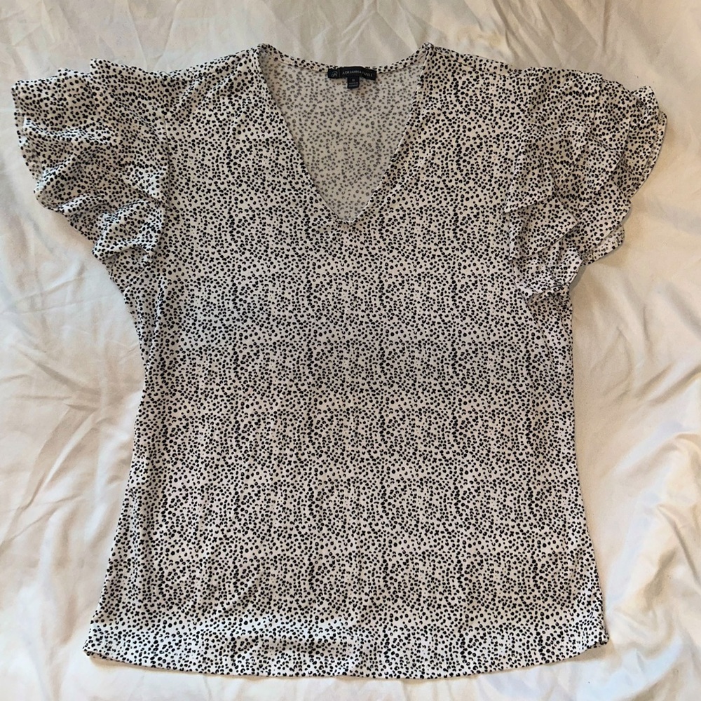 Adrianna Papell White with Black Dots Ruffle Shoulder Blouse